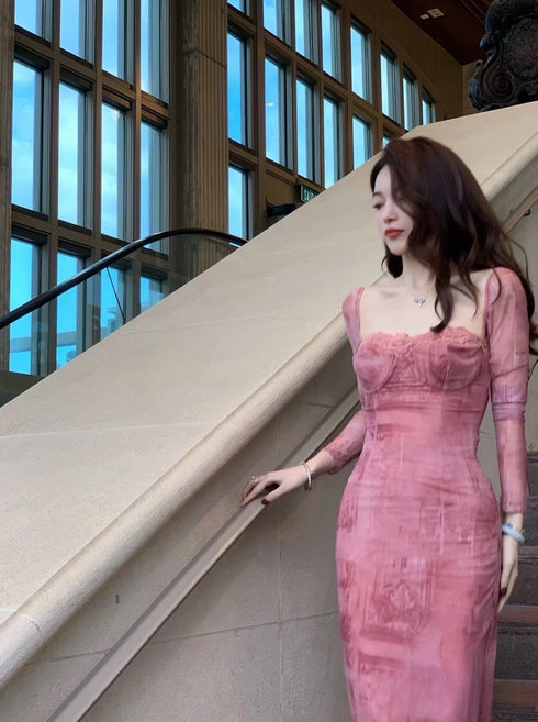 Women Deep Neckline Long Sleeves Long Dresses